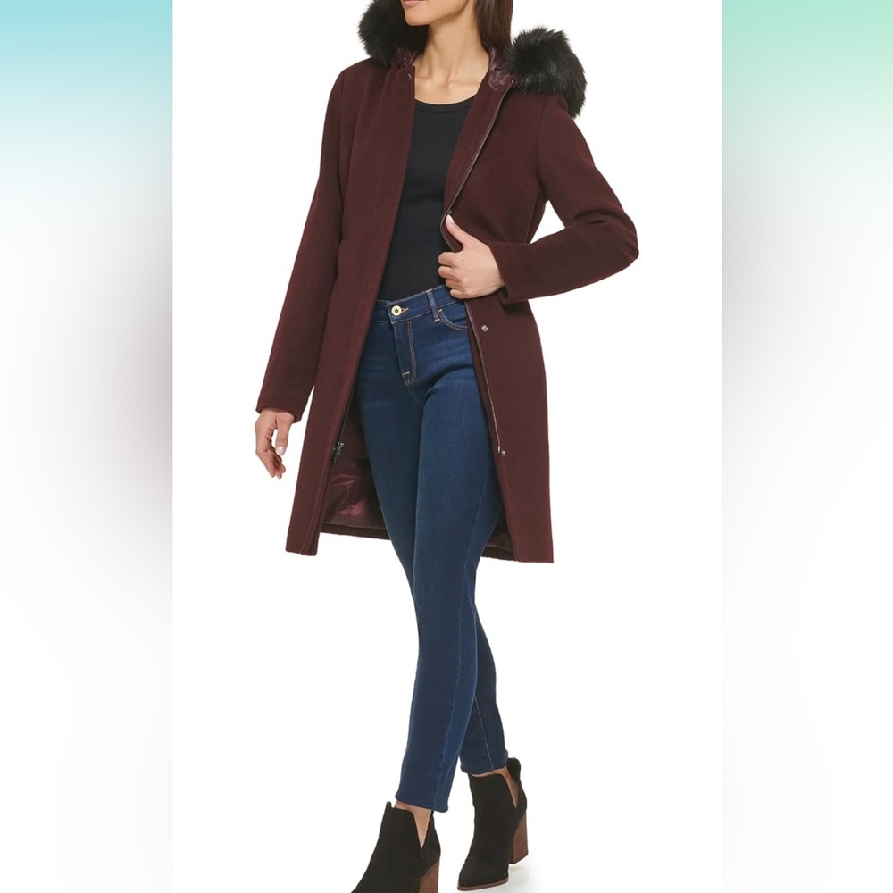 Cole Haan Womens Hooded Coat Slick Wool With Detatchable Faux Fur Trim NWT